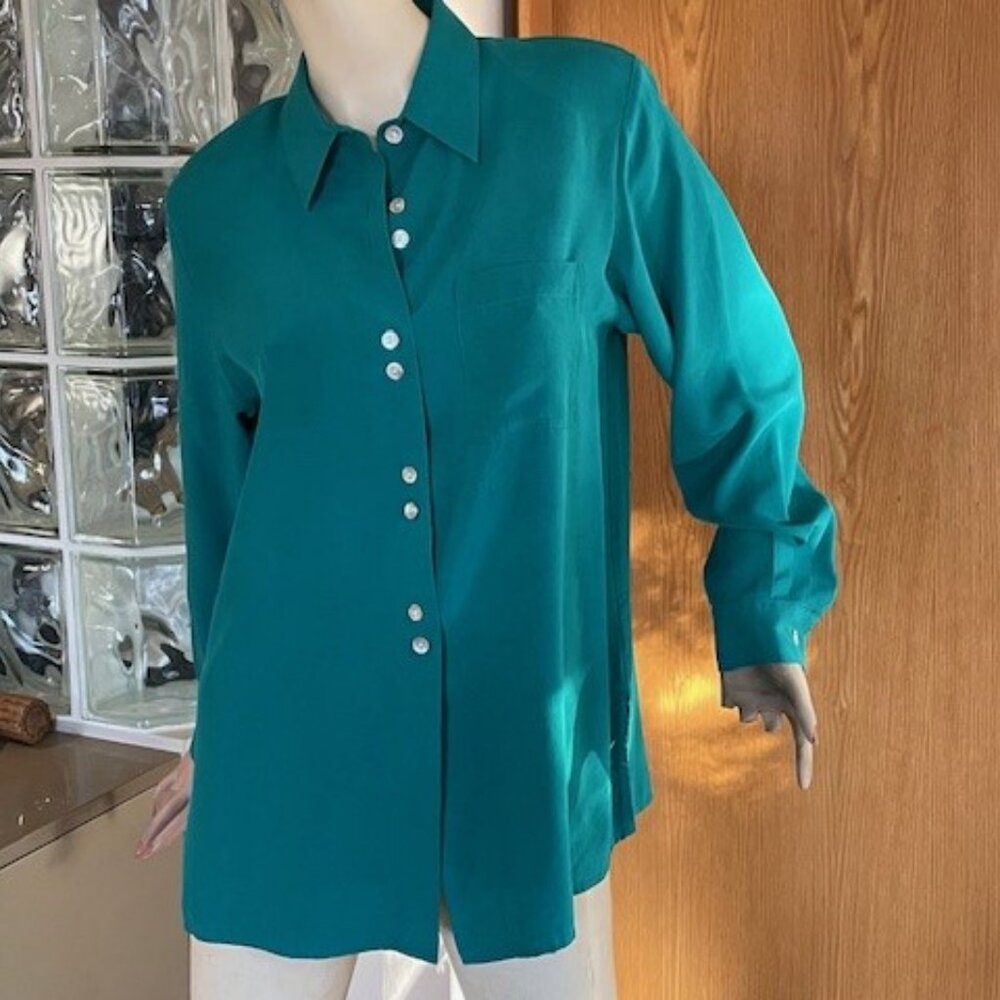SILK LAND Emerald Green 100% Silk LONG SLEEVE BUTTON DOWN BLOUSE/TUNIC Size M